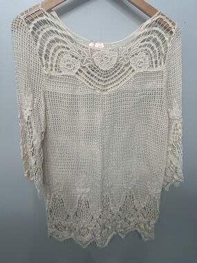 Crochet Lace Knit Tunic Cover-Up in Cream